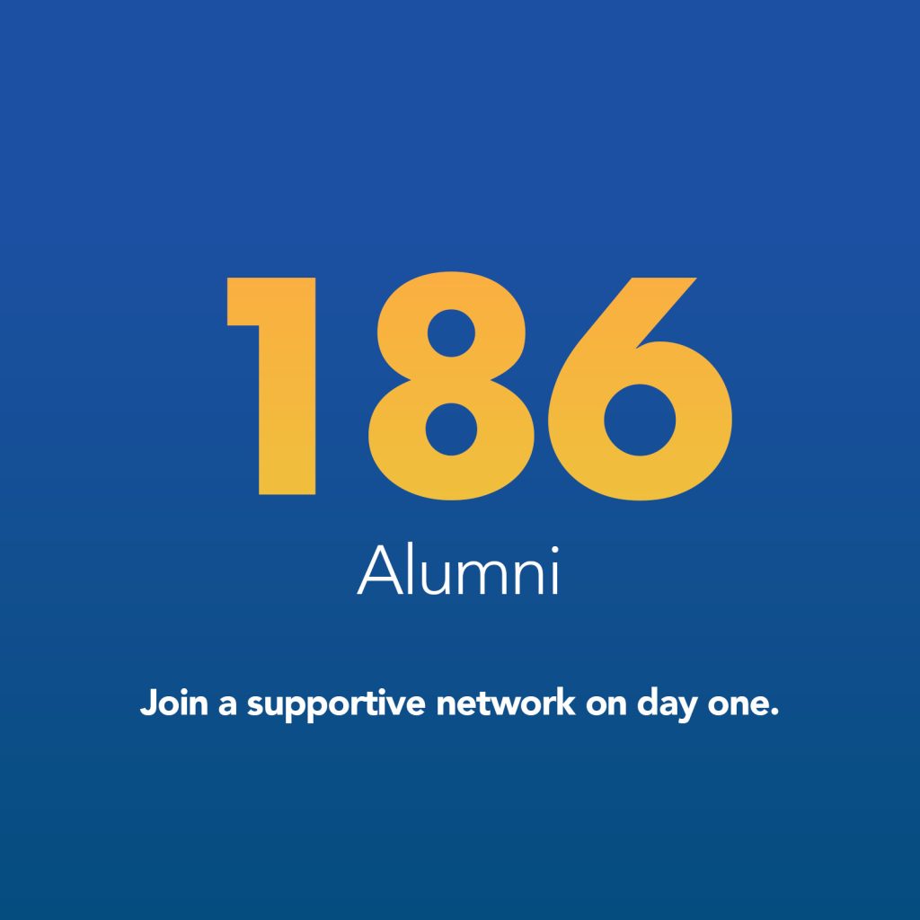 Square graphic with blue background and large gold lettering indicating 186 alumni