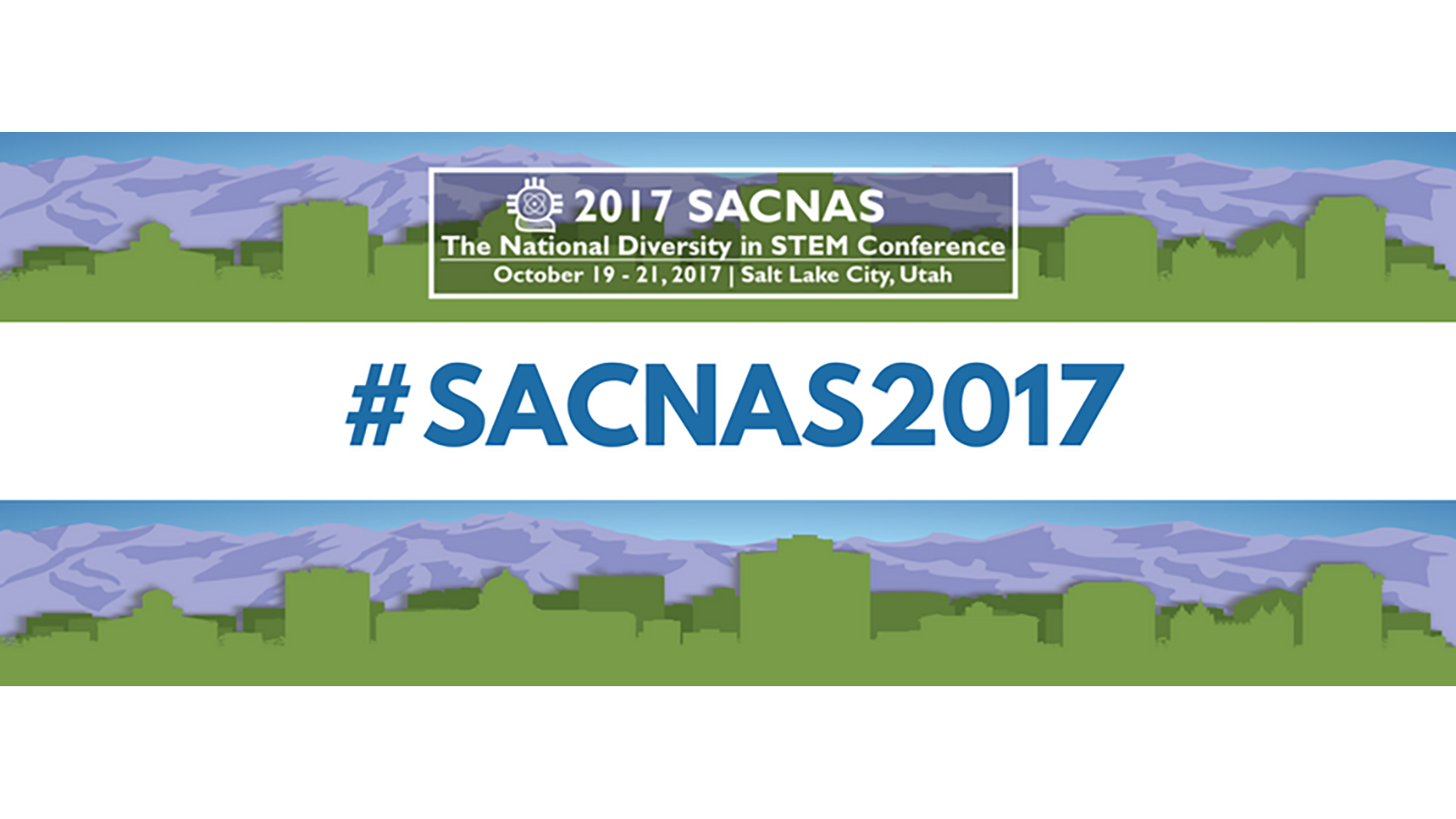 A banner for the SAC-NAS 2017 conference. There is a silhouette of the skyline of Salt Lake City, Utah, in green against mountains of purple.