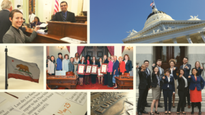 A collage of photos promoting the CCST Science & Technology Policy Fellows. There are photos of the California State Capitol, State Flag, and CCST Science Fellows.
