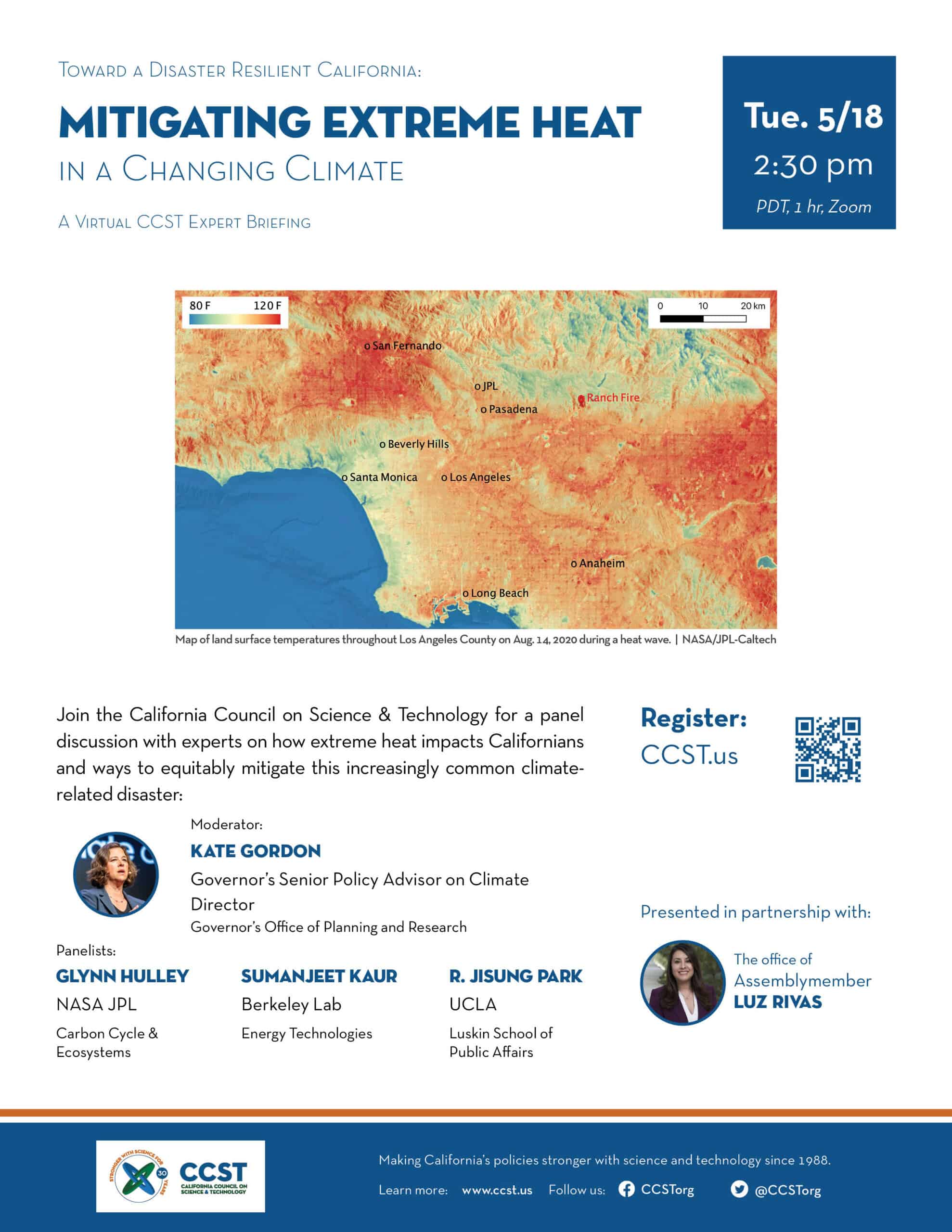 Flyer with title and panelists for the briefing and a heat map of southern California image.