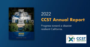 A graphic with the cover of the annual report and the title in white and yellow text on a blue background with CCST's logo.