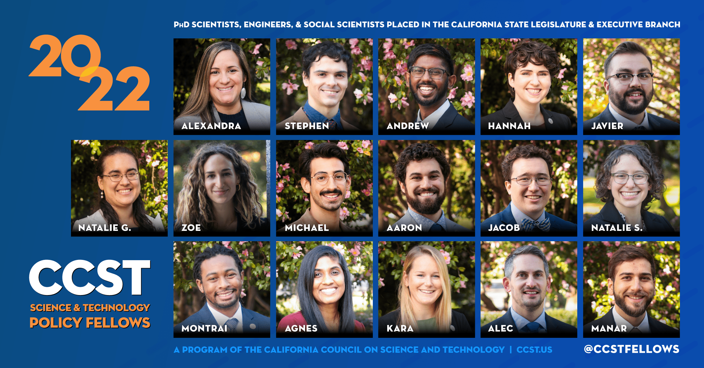 Headshots of the 2022 Fellows in a grid on a blue background