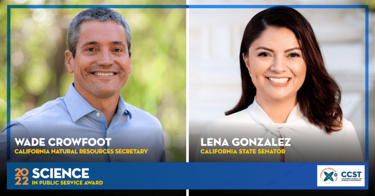 Photos of the 2022 CCST Science in Public Service Award recipients side by side with a blue border