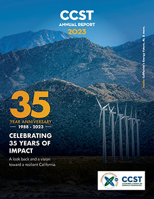 The report cover featuring an image of mountains in Palm Springs with the text CCST Annual Report 2023 centered above them in the sky, partially hidden by one of the peaks, along with CCST's logo in the bottom right corner, and 35 year anniversary text with a title: "Celebrating 35 Years of Impact: A look back and a vision toward a resilient California."