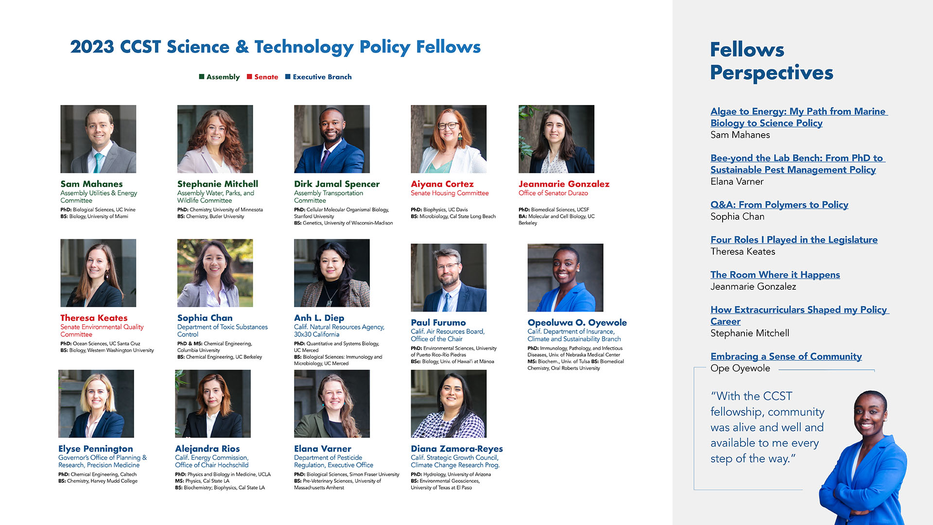A grid roster of the 2023 Fellows and their placements along with a listing of their blog posts and a photo/quote of Fellow Ope Oyewole: "With the CCST fellowship, community was alive and well and available to me every step of the way."