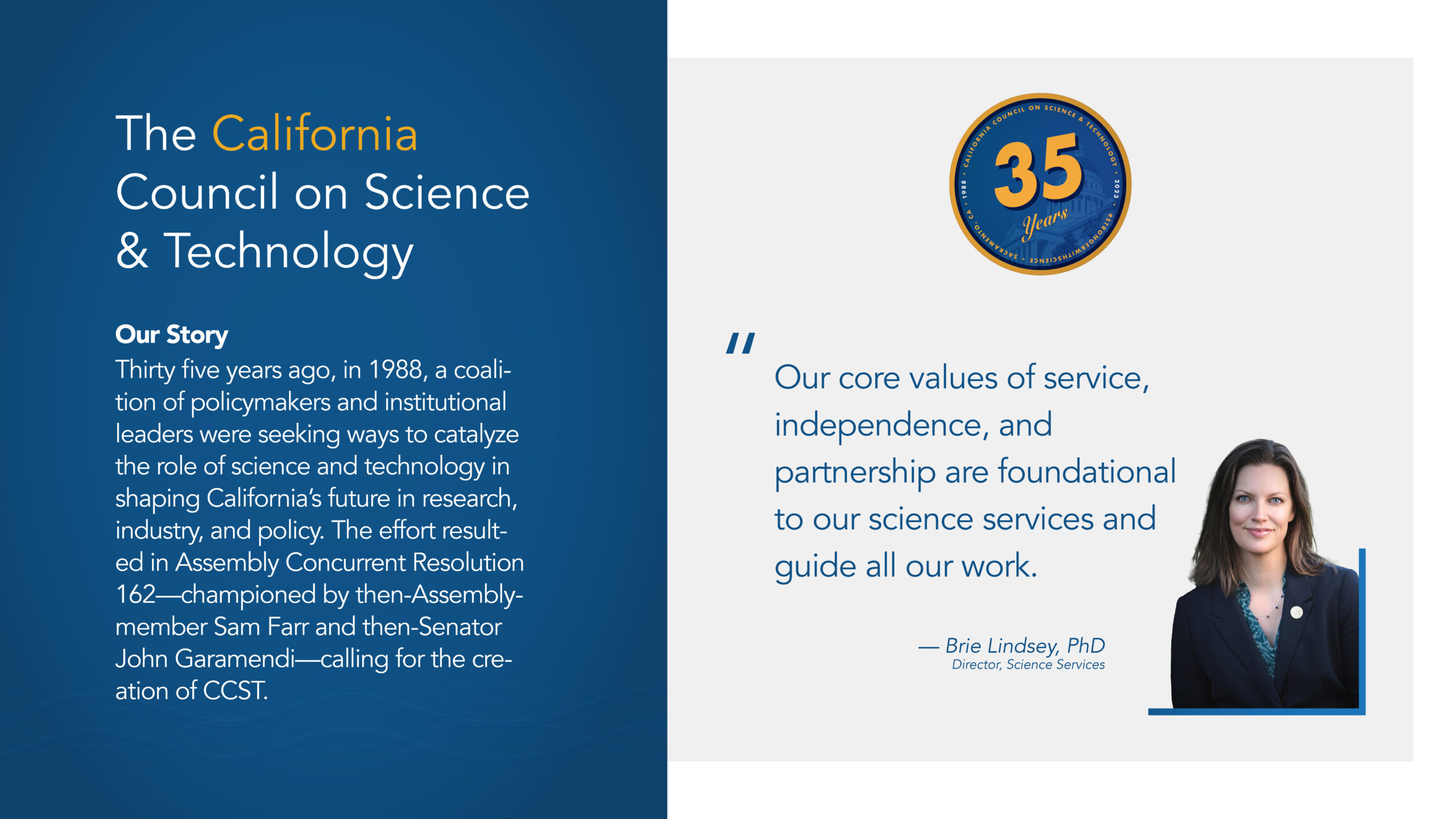 A graphic with a blue background on the left side and a column of text about CCST's story, and a right column with a gray background featuring a quote and photo of Brie Lindsey about our science services: "Our core values of service, independence, and partnership are foundational to our science services and guide all of our work."
