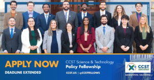 A photo of the 2022 Fellows with a blue banner below highlighting that applications are now open with CCST's logo and the California State Capitol.