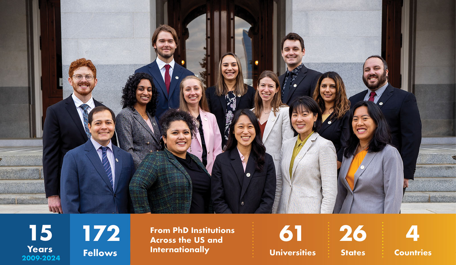 Group photo of 2024 Fellows with stats at the bottom with blue and orange backgrounds