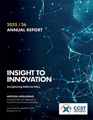 Annual Report cover featuring main headlines, CCST logo, and a stock image evoking computing.