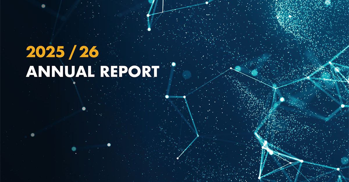 Annual Report cover with a stock image evoking computing.