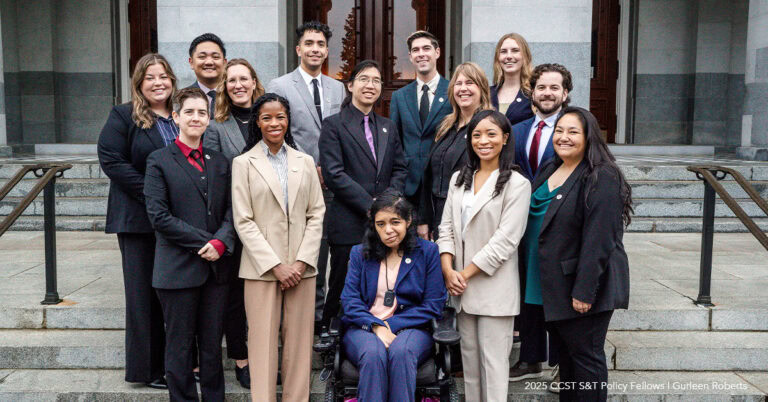 A formal group photo in front of the California State Capitol, with the Fellows in 3 rows.