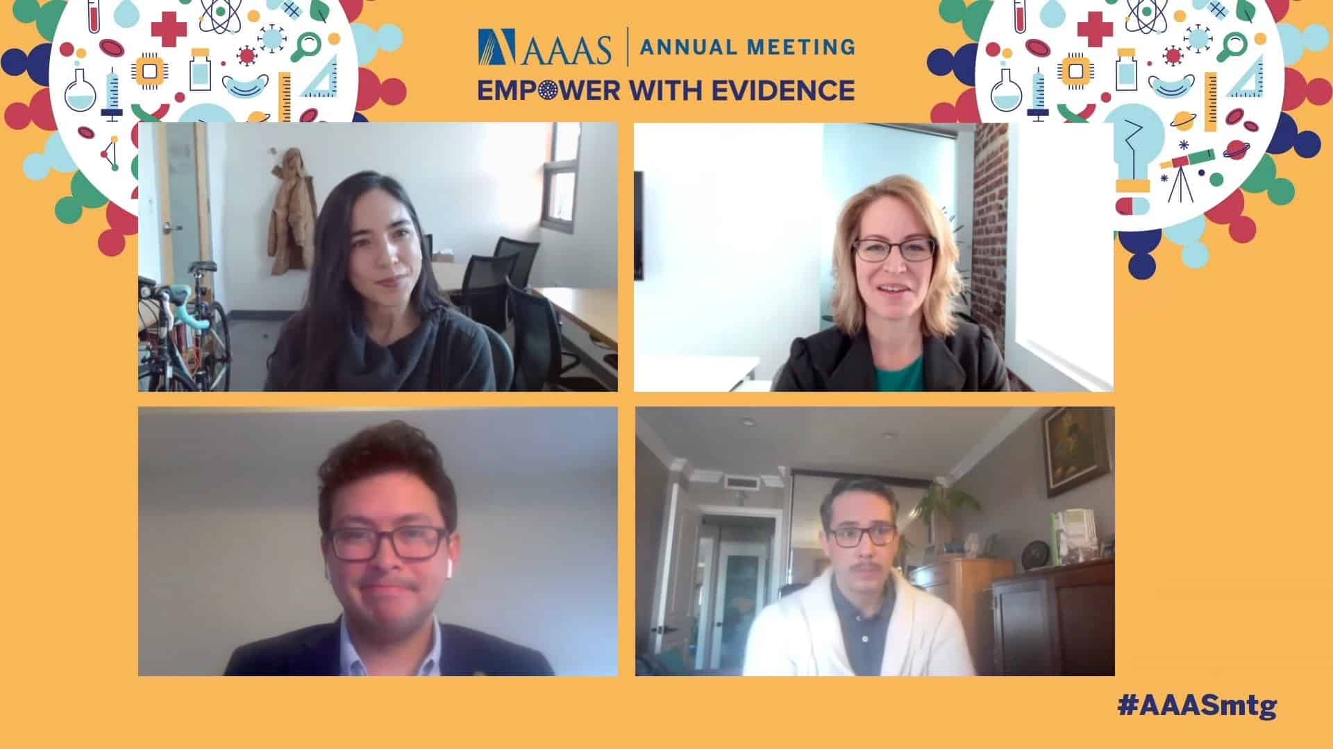 Zoom screenshot of the 4 panelists with a AAAS 2022 background