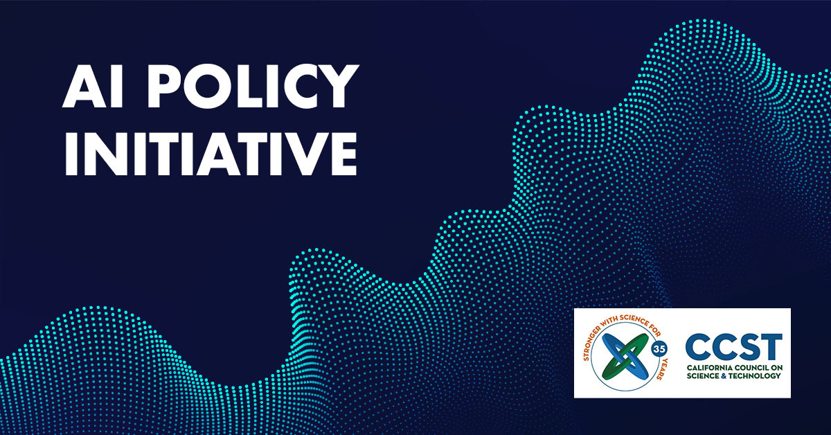 A blue wave illustration with the AI Policy Initiative title in white and CCST logo