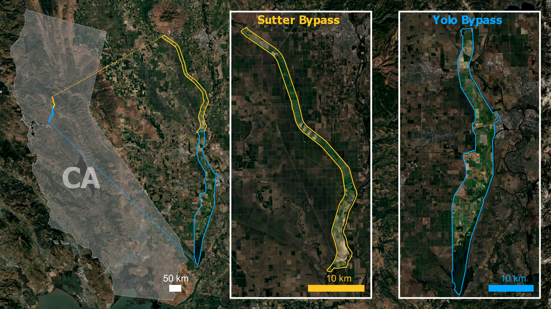 Map of California with two highlight boxes showing the projects Area of Interest across the Sutter and Yolo bypasses