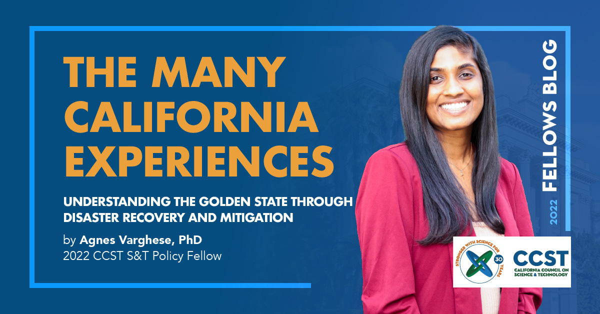 A photo of Agnes Varghese, PhD, a 2022 CCST Science & Technology Policy Fellow with the title of her blog post and CCST logo on a blue background