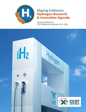 Front cover of the report with a logo featuring California and H2, witht hte workshop title and a large image of a hydrogen gas stations fuel dispenser on cloudy sky. 3d illustration