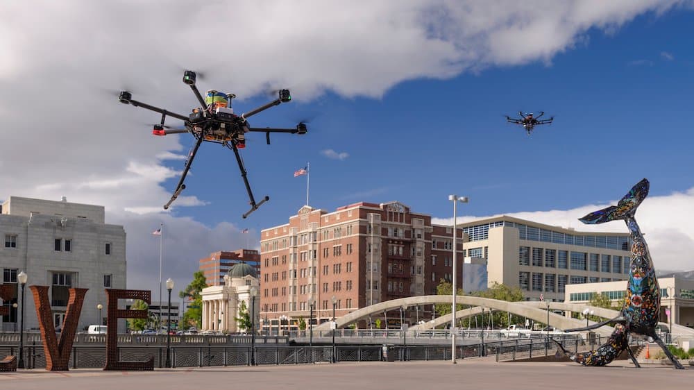 NASA Ames traffic drones in flight in Reno, Nevada undergoing flight tests. (Credits: NASA/Dominic Hart)