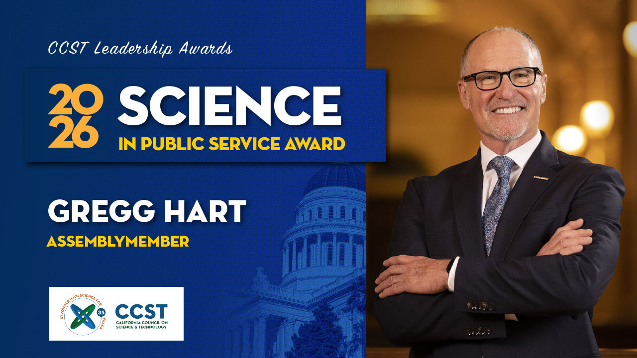 A graphic with a large photo of the award recipient on the right, and the award title, name, and job title of the recipient on the left with a blue background with CCST's logo in the bottom left.