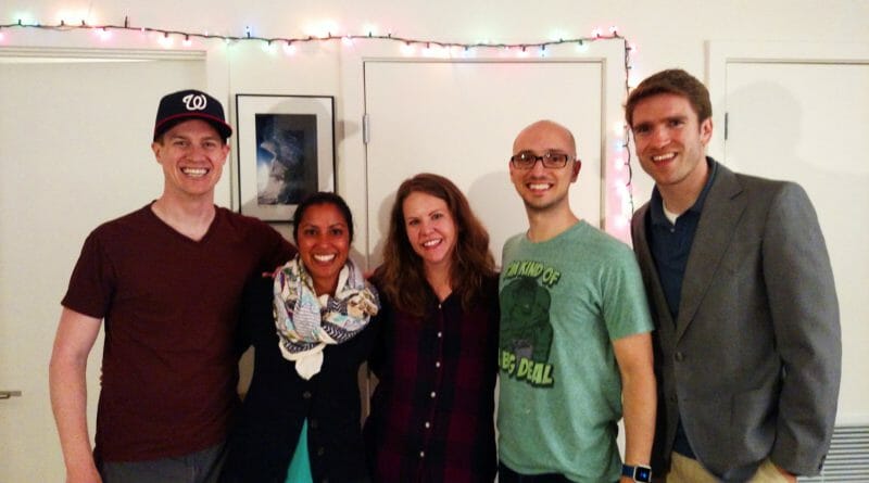 A few Washington DC alumni of the CCST Science & Technology Policy Fellowship gather for a festive meetup. From left: Mark Elsesser ’13, Neela Babu ’13, Laurie Harris ’15, Kyle Hiner ’13, and Stephen Francis ’12. (Image courtesy of Neela Babu)