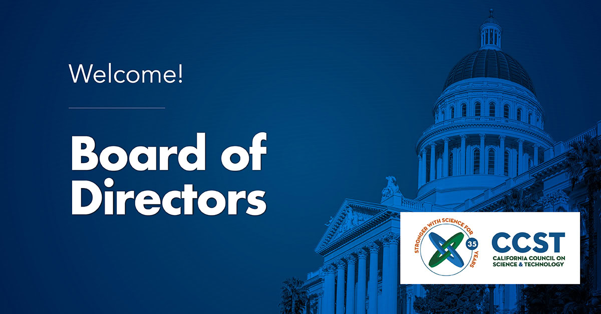 Text welcoming new CCST Board of Directors of blue background with Capitol image.