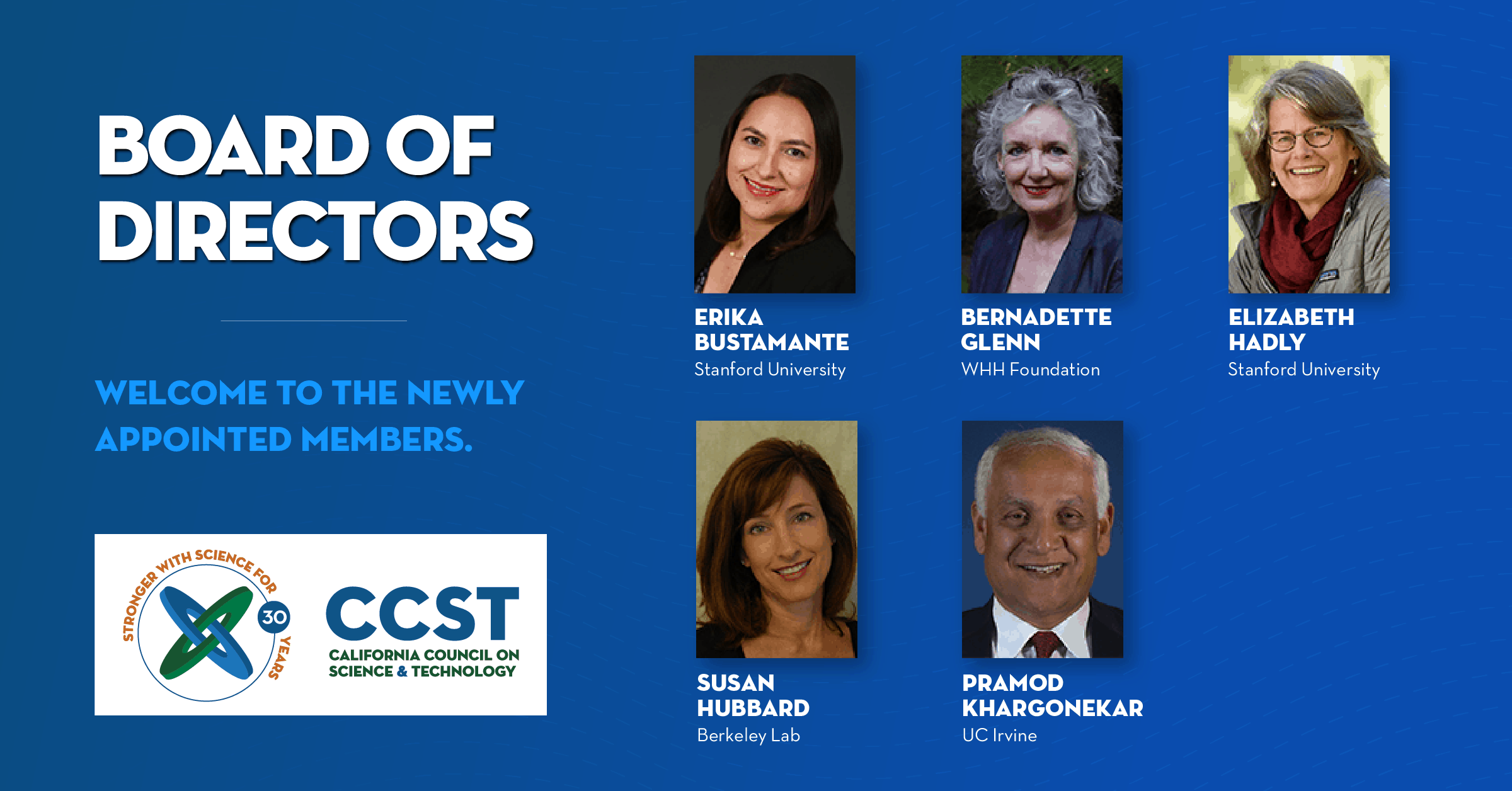 Photos of the new Board members with a welcome message on a blue background