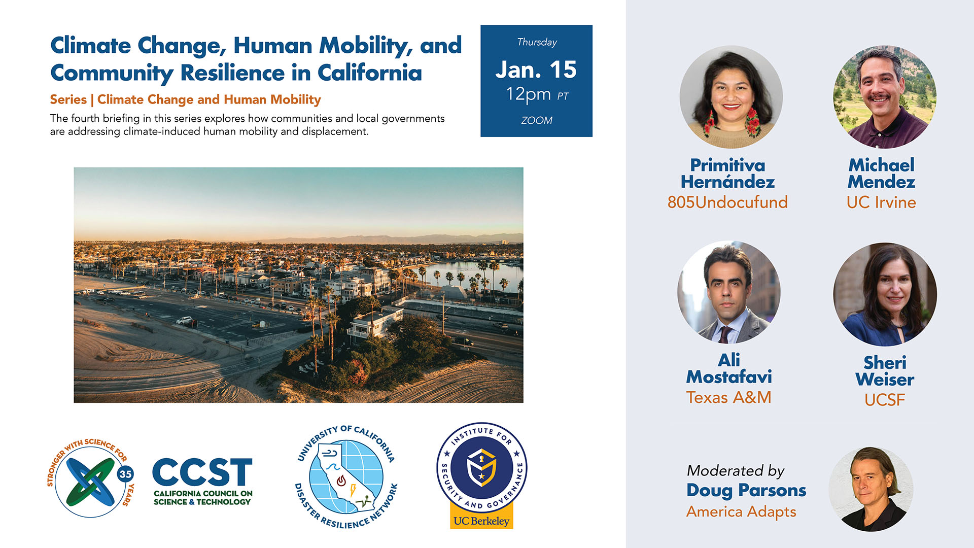 A graphic featuring the community resilience briefing information, panelist headshots, a key photo from a southern California city, and organizational logos.