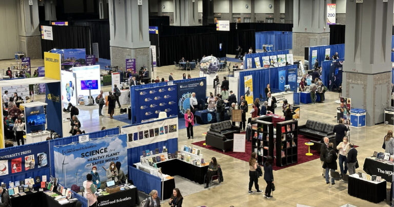 Photo from above of an exhibitor hall at AAAS 2023.