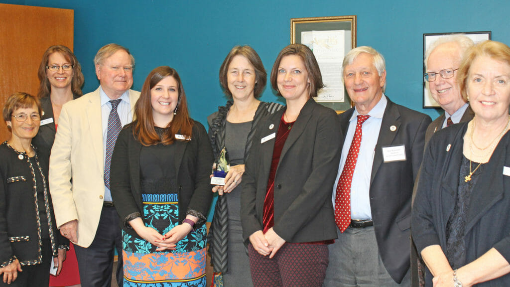 California State Senator Nancy Skinner receives the 2018 CCST Science in Policy Leadership Award. Pictured L-R: CCST Council Vice Chair Judith Swain MD, CCST Deputy Director Amber Mace PhD, CCST Board Chair Charles Kennel PhD, CCST Director of Policy Engagement Sarah Brady PhD, Senator Nancy Skinner, CCST Senior Program Associate Brie Lindsey PhD, CCST Council Chair James Sweeney PhD, CCST Board Member Rick Flagan PhD, and CCST Executive Director Susan Hackwood PhD.