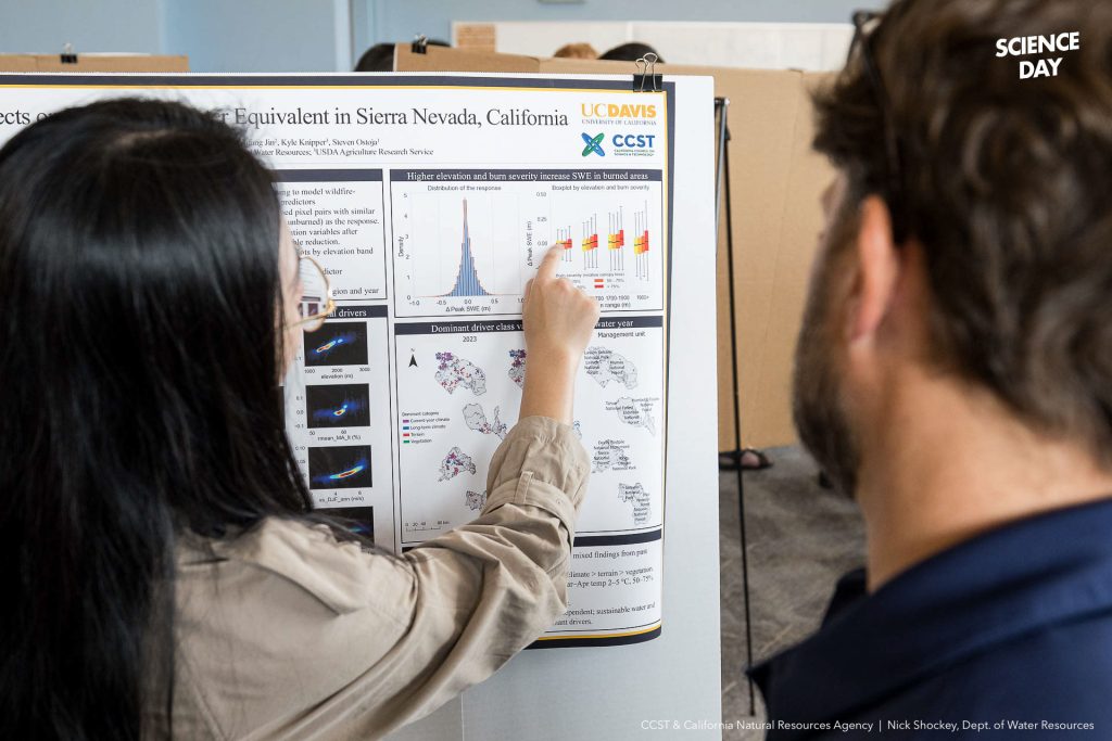 A poster presenter points to a chart on their poster
