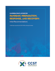 The title of the report over a blue background with the NIH illustration of the COVID-19 virus underneath and CCST logo at bottom in front of a white background