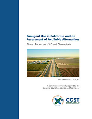Front cover of fumigant study, with a blue accent bar down the left, a white background, feature image of an ag field, and the title, subtitle, and brief description, with CCST's logo