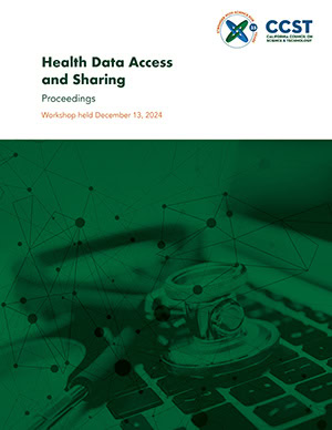 Front cover of the health data proceedings featuring a healthcare themed laptop with green overlay