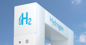 Hydrogen gas stations fuel dispenser on cloudy sky. 3d illustration