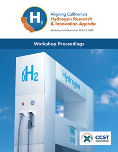 Front cover of the proceedings with a logo featuring California and H2, witht hte workshop title and a large image of a hydrogen gas stations fuel dispenser on cloudy sky. 3d illustration