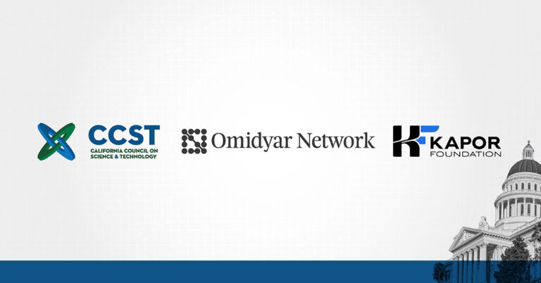 CCST, Omidyar, and Kapor logos with a photo of the California State Capitol and blue footer accent bar