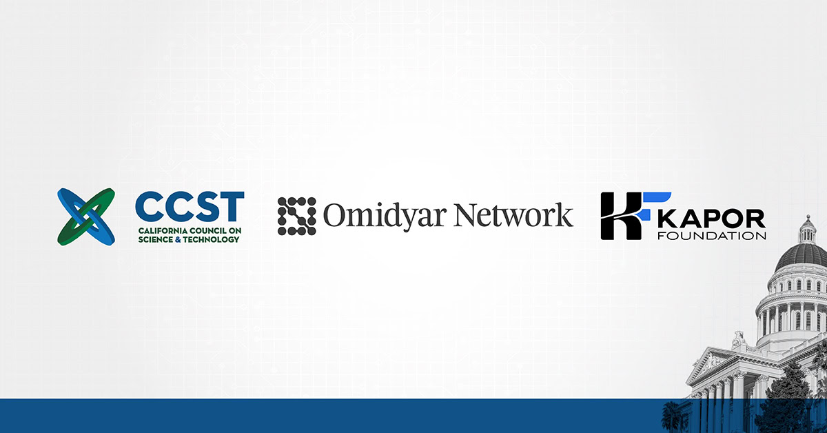 CCST, Omidyar, and Kapor logos with a photo of the California State Capitol and blue footer accent bar