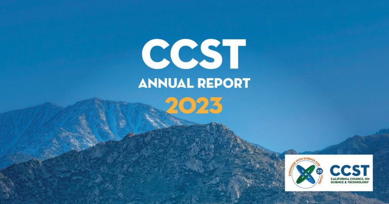 An image of mountains in Palm Springs with the text CCST Annual Report 2023 centered above them in the sky, partially hidden by one of the peaks.