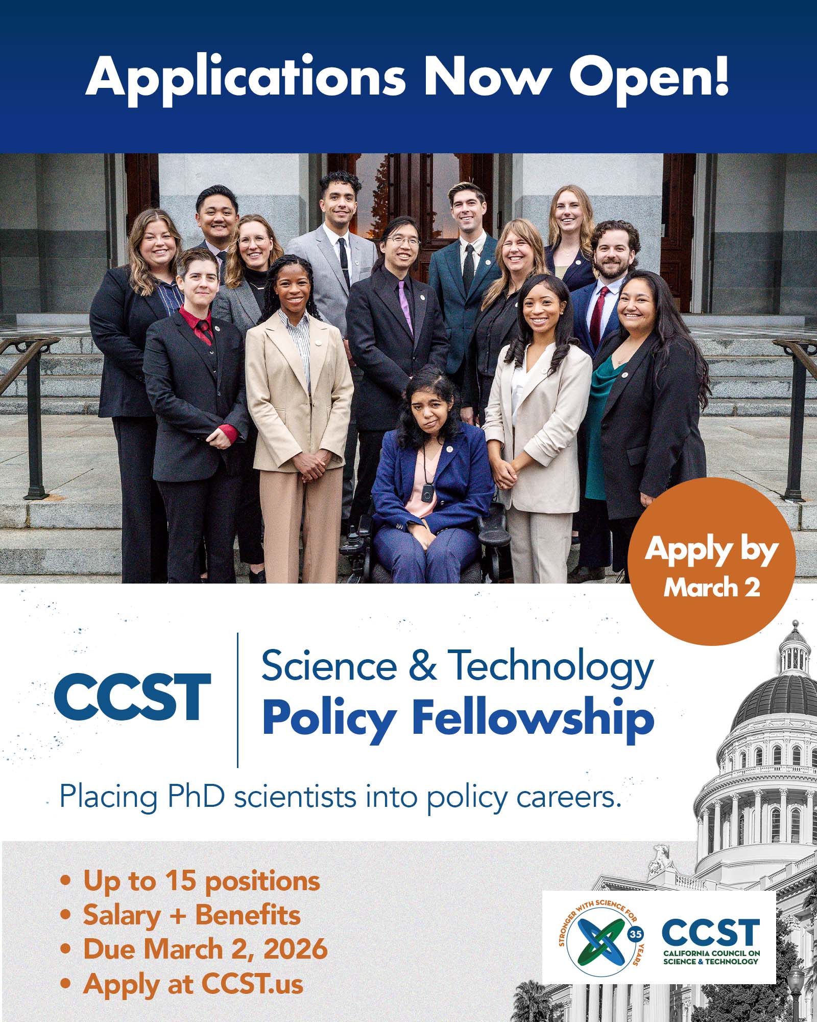Fellowship graphic with an "Applications Now Open" banner up top, large group photo, program name, CCST logo and additional descriptive text.