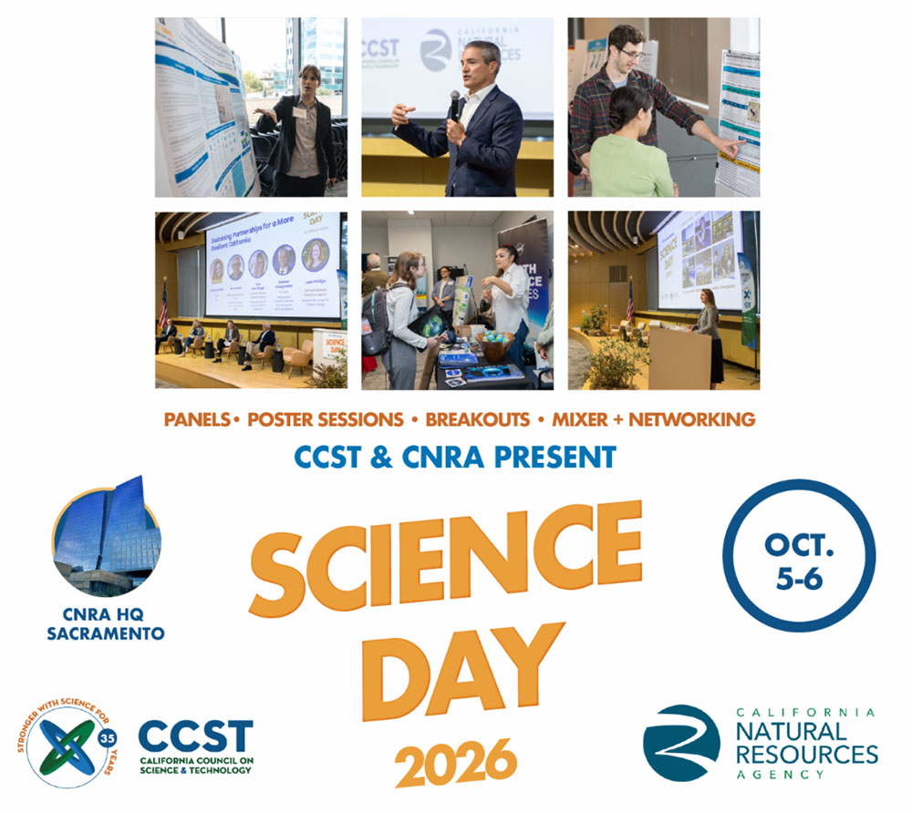Science Day graphic featuring a grid of images from the event, the title logo, date and CCST CNRA logos.