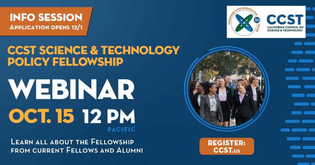 Graphic with details on the upcoming CCST Science Fellows webinar on 10/15