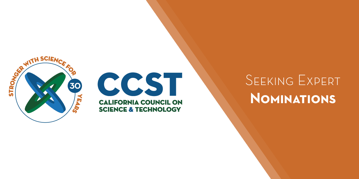 A banner with CCST's logo and "Seeking Expert Nominees" in white text on an orange background