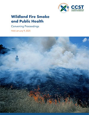 Report cover with title and CCST logo on a white background and a large image of a firefighter amid grass fire smoke.