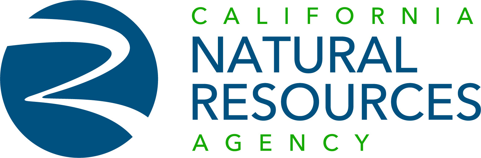 A logo for the California Natural Resources Agency including their river-themed logo mark and the name in green and blue font.