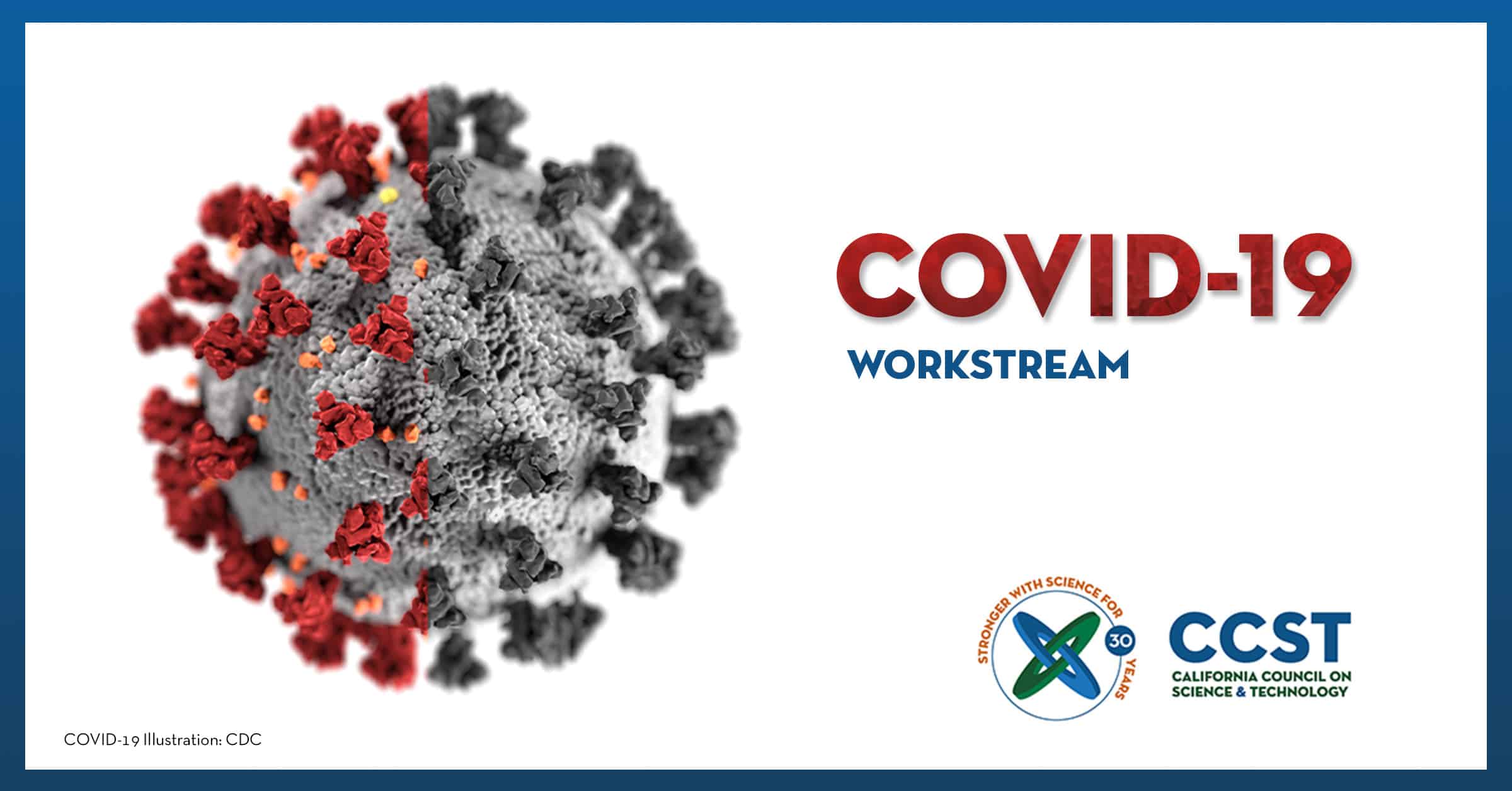 An illustration of COVID-19 by the CDC half in color and half in black and white with a blue border and CCST logo
