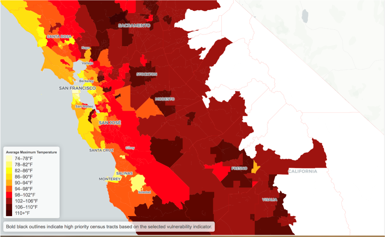 A heat map of northern California counties with colories from dark red to light yellow indicating average maximum temperature.