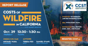 A graphic for the costs of wildfire report with white and yellow text on a blue background.