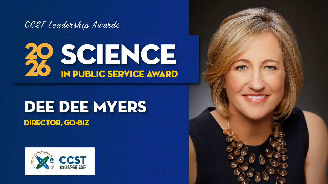 A graphic with a large photo of the award recipient on the right, and the award title, name, and job title of the recipient on the left with a blue background with CCST's logo in the bottom left.