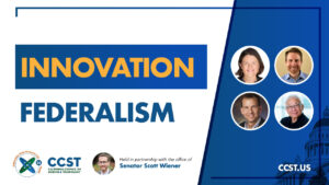 A graphic including title of the expert briefing, the CCST logo, a headshot of Senator Wiener and headshots of the moderator and panelists.