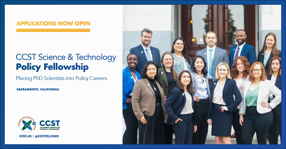 A graphic with a blue border and a photo of the 2023 CCST Fellows and the announcement text in gold and blue on a white background with CCST's logo.