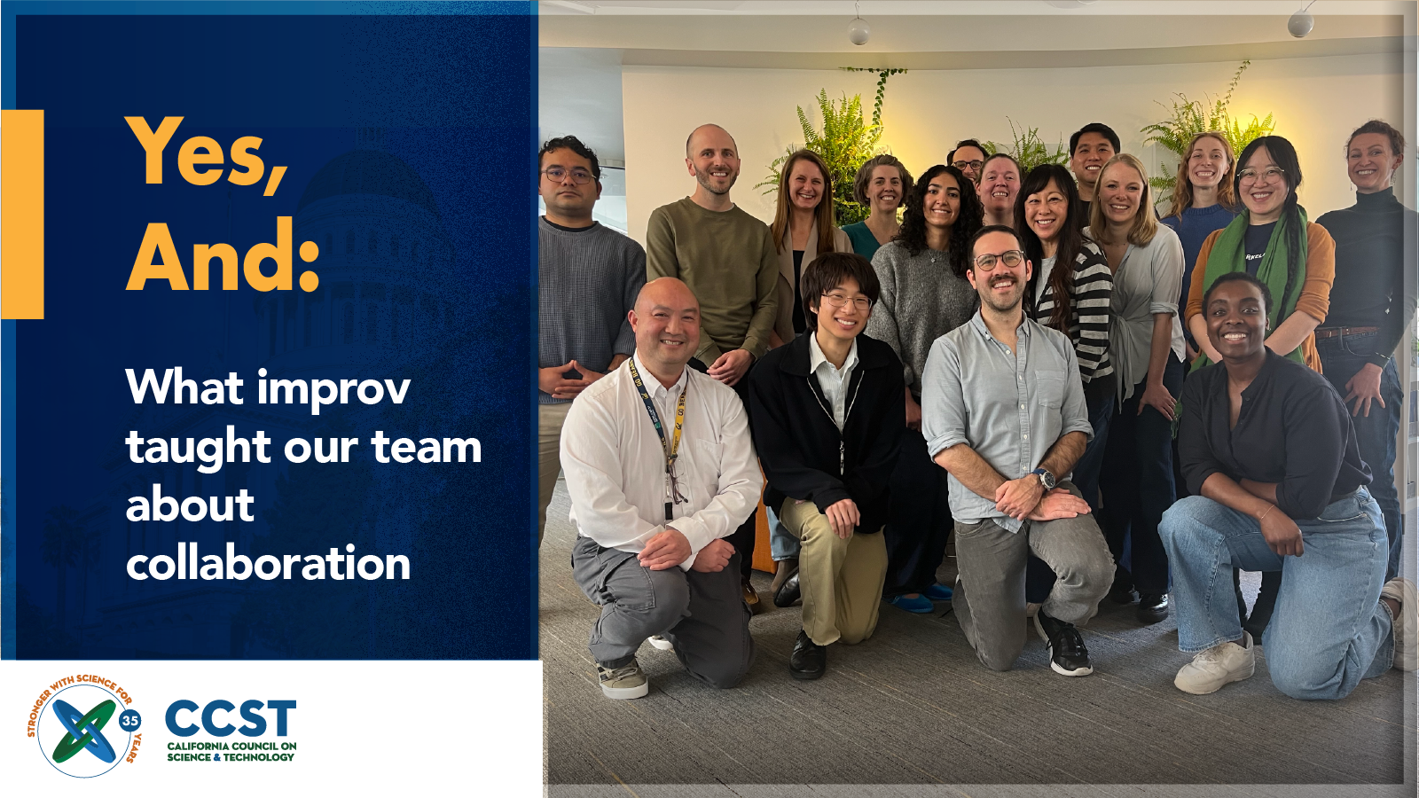 A graphic featuring the blog title on a blue background in yellow and white font, the CCST logo on a white background, and a large group photo on the right half of the frame